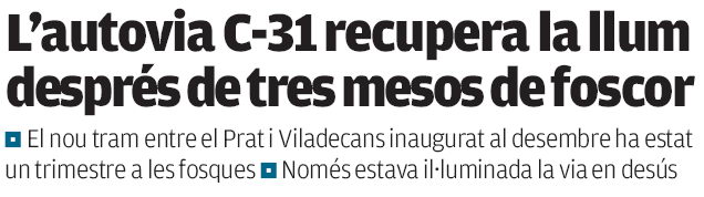 Reportatge publicat al diari AVUI explicant com la nova autovia de Castelldefels per fi disposa de llum (28 de mar&ccedil; de 2008)